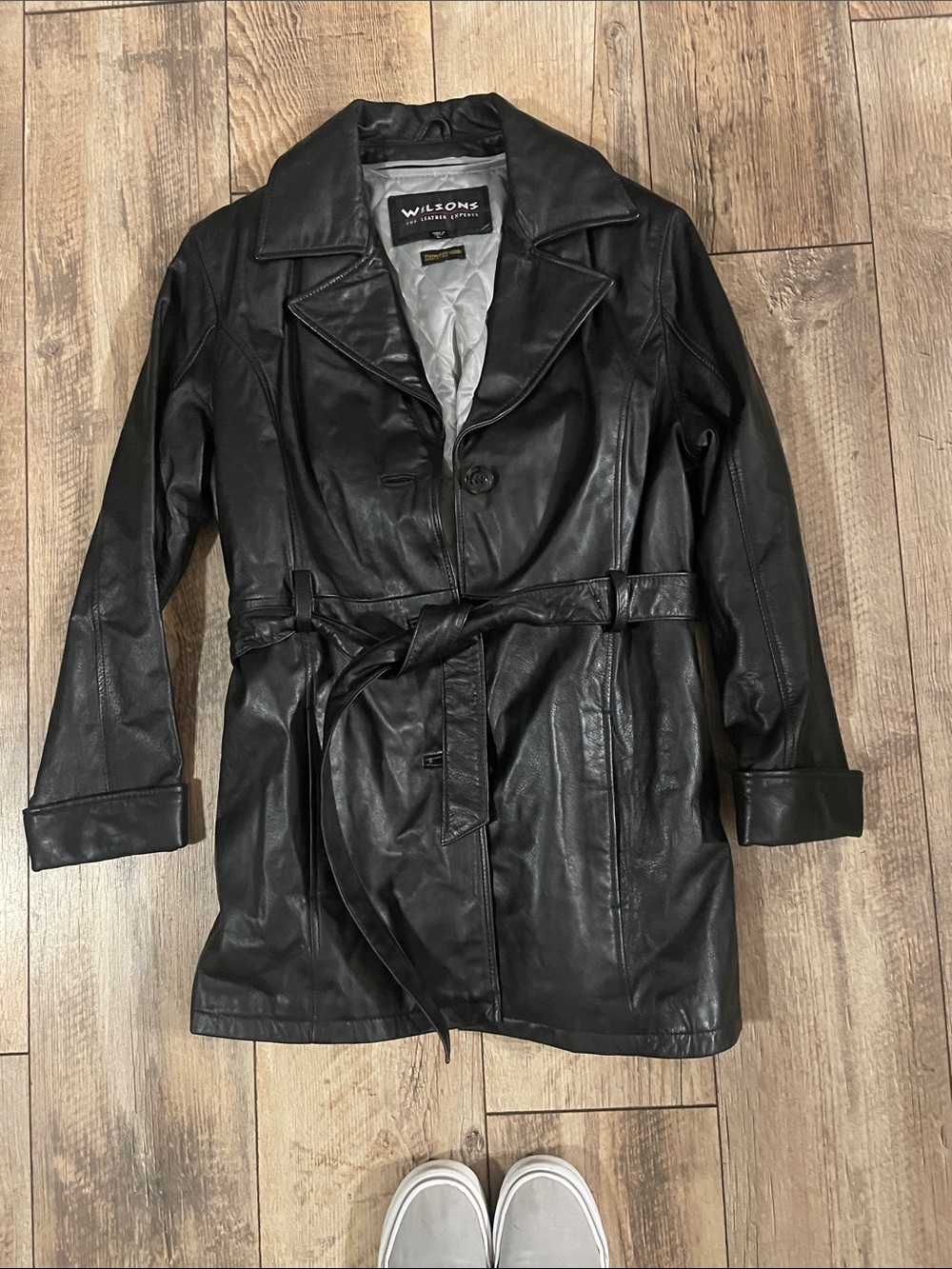 Wilsons Leather Black Leather Belted Trench Coat
